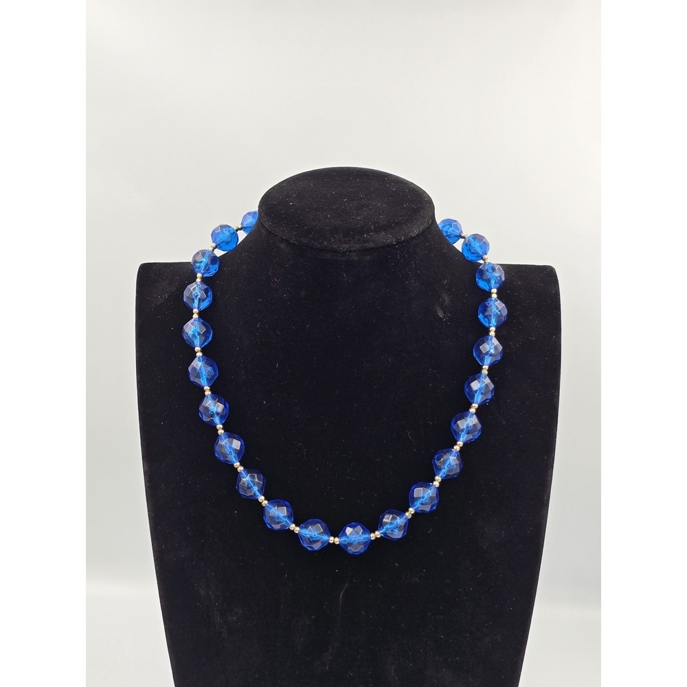 Vintage Blue Faceted Beaded Necklace Gold Tone Spacer Beads Fashion Jewelry